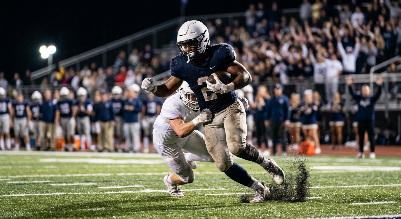 Running back breaking a tackle under the lights
