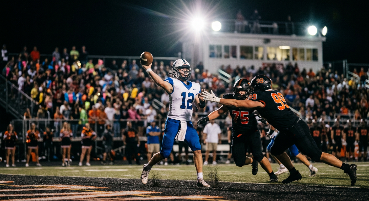 Quarterback throwing a pass under pressure